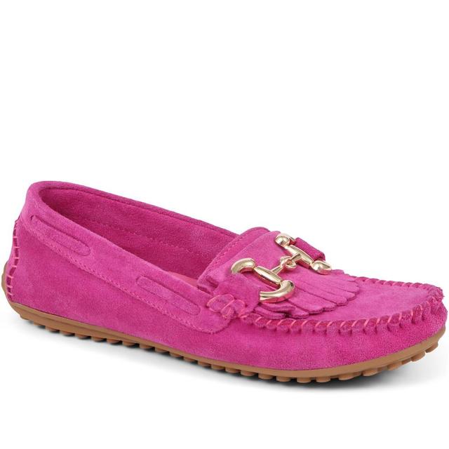 Jones Bootmaker - Women's Giustina Suede Buckle Moccasins - Hot Pink - Size 4 on Productcaster.