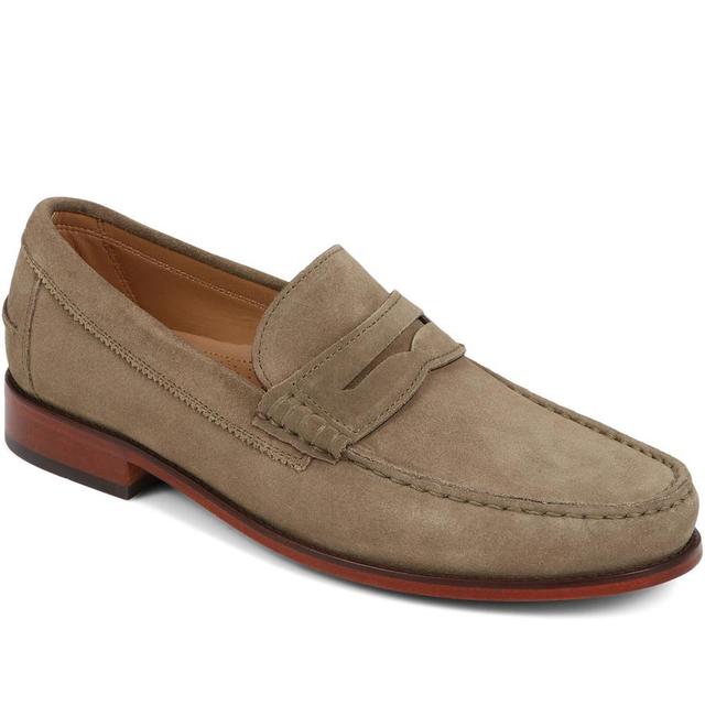 Jones Bootmaker - Men's Rivers Leather Penny Loafers - Olive Suede - Size 10 on Productcaster.