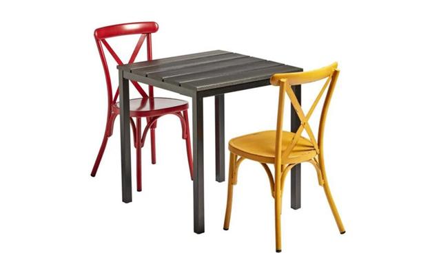 Cafe Outdoor Dining Set with Stackable Red and Yellow Chairs on Productcaster.