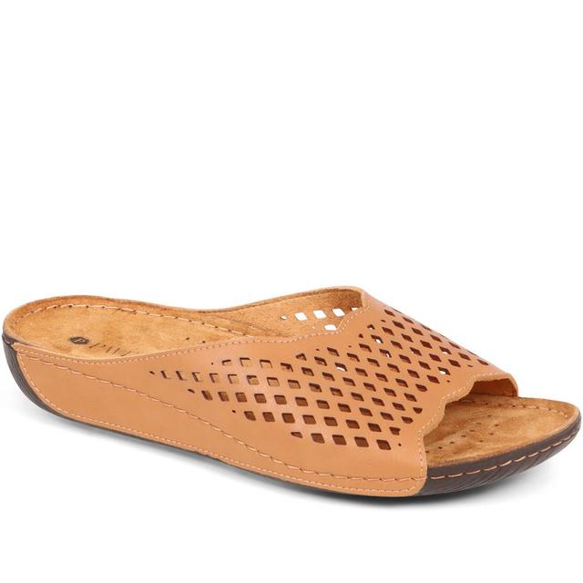 Pavers - Women's Perforated Leather Mule Sliders - Tan - Size 7 on Productcaster.