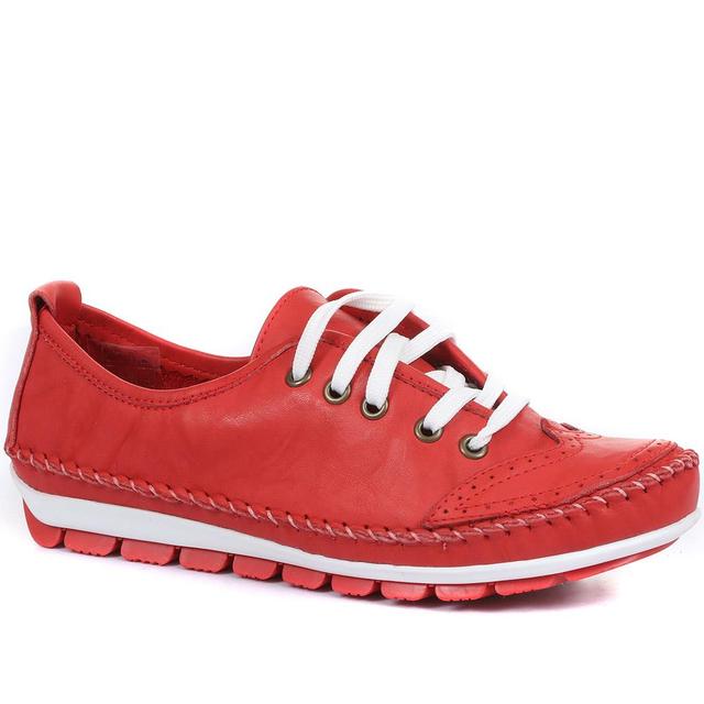 Pavers - Women's Wide Fit Leather Lace-Up Trainers - Red - Size 9 on Productcaster.