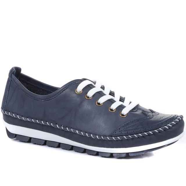 Pavers - Women's Wide Fit Leather Lace-Up Trainers - Navy - Size 5 on Productcaster.