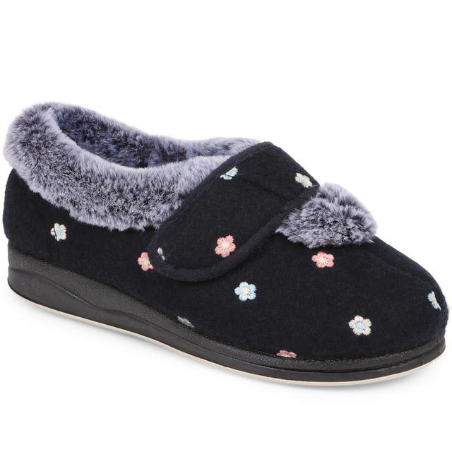 EasyFit - Women's Extra Wide Fit Faux Fur Flower Slippers - Navy - Size 4 on Productcaster.