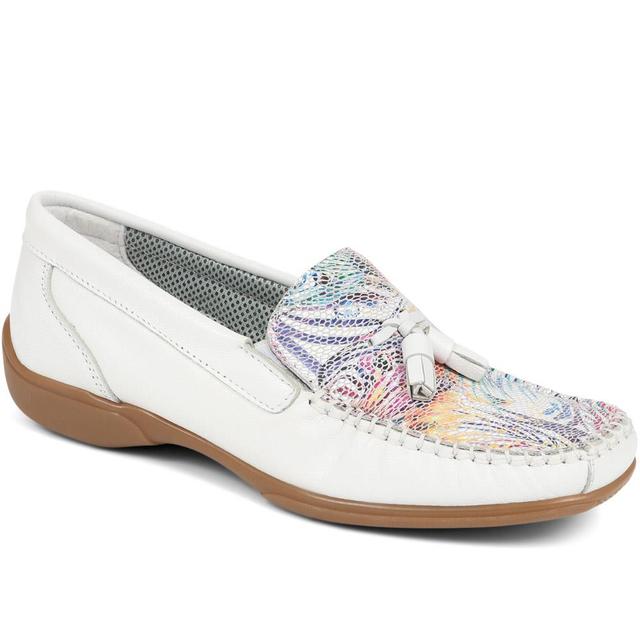 Pavers - Women's Embroided Panel Leather Loafers - White Multi - Size 9 on Productcaster.