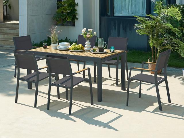 Garten-Essgruppe: Tisch ausziehbar 170/230 cm + 6 stapelbare Sessel - Aluminium & Polywood - Holzfarben hell & Anthrazit - MACILA von MYLIA on Productcaster.