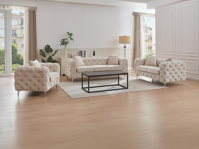 Canapé 3 places, 2 places et fauteuil chesterfield en velours beige EDWINA on Productcaster.