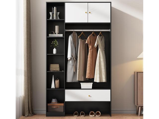 Armoire 105x40x185 cm - avec 1 tiroir et 2 portes - avec tringle à vêtements et compartiments de rangement ouverts - Blanc + Noir on Productcaster.