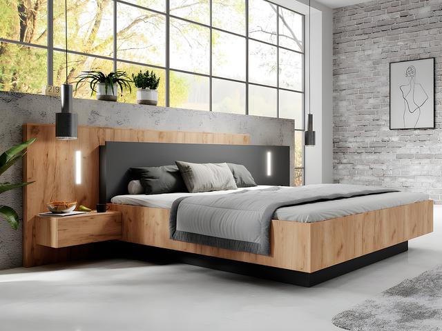 Letto con comodini 160 x 200 cm 2 cassetti Con LED Naturale e Antracite + Rete + Materasso - FRANCOLI on Productcaster.