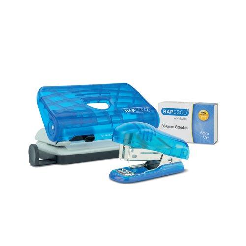 Rapesco 2 Hole Punch Mini Stapler and 26/6mm Staples Set Transparent Blue on Productcaster.