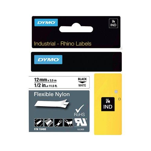 Dymo 18488 Rhino Nylon Tape 12mm x 3.5m Black on White S0718100 on Productcaster.