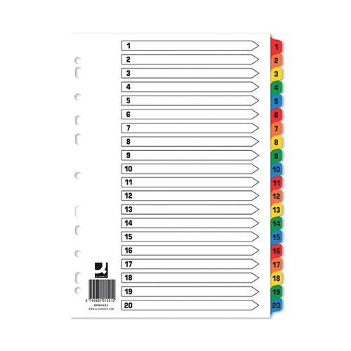 Q-Connect Index 1-20 Board Reinforced Multicoloured (Pack of 10) KF01521Q on Productcaster.