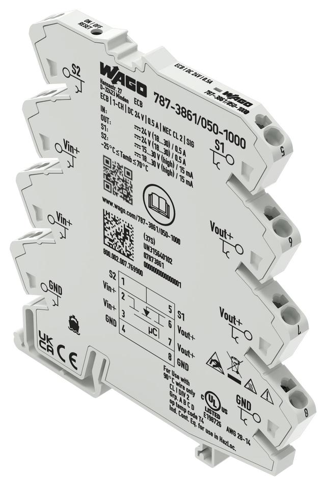 Wago 1 Pole Electronic Circuit Breaker, 35mm DIN Rail, 24V DC, 500mA, 5000uF on Productcaster.