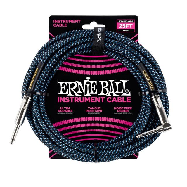 Ernie Ball 25ft Straight-Angle Braided Instrument Cable, Blue on Productcaster.