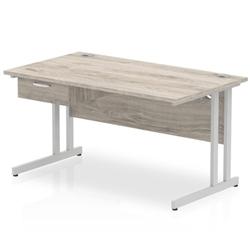 Impulse 1400x800 Desk Grey Oak/Silver Cantilever 1x1 Drawer Fixed Ped on Productcaster.