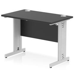 Impulse 1000x600mm Straight Desk Black Top Silver Cable Managed Leg on Productcaster.