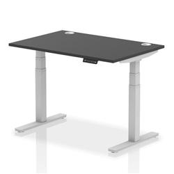 Air 1200x800mm Height Adjustable Desk Black Top Cable Ports Silver Leg on Productcaster.