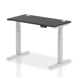 Air 1200x600mm Height Adjustable Desk Black Top Cable Ports Silver Leg on Productcaster.