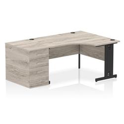 Impulse 1400 RH Crescent Desk Cable Managed Grey Oak/Black 800 DH Ped on Productcaster.