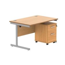 Single Upright Rect Desk + 3 Drawer Mobile Ped 1200X800 Beech/Silver on Productcaster.