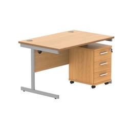 Single Upright Rect Desk + 2 Drawer Mobile Ped 1200X800 Beech/Silver on Productcaster.