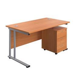 1400X800 Twin Rectangular Desk Beech-Silver + Mobile 3 Drawer Ped on Productcaster.