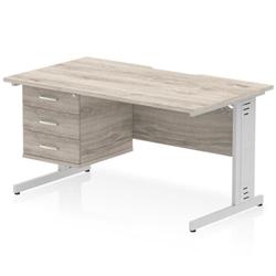 Impulse 1400x800 Scalloped Desk Grey Oak Silver Cable Managed + 3D Ped on Productcaster.