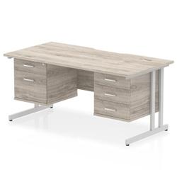 Impulse 1600x800 Scalloped Desk Grey Oak Silver Cantilever 2D + 3D Ped on Productcaster.