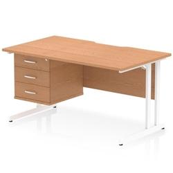 Impulse 1400 x 800mm Scalloped Desk Oak Top White Cantilever + 3D Ped on Productcaster.