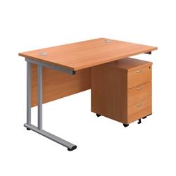 1200X800 Twin Rectangular Desk Beech-Silver + Mobile 3 Drawer Ped on Productcaster.