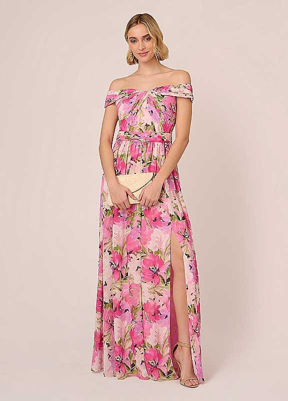 Adrianna Papell Printed Off-Shoulder Dress - Pink Multi - Size 14 on Productcaster.