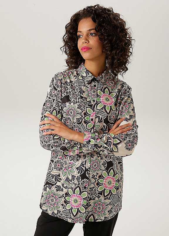 Plus Size Aniston Floral Print Long Sleeve Shirt - Black Print - Size 14 on Productcaster.