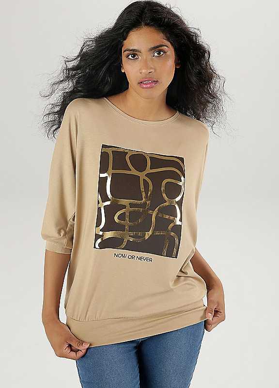 Aniston Gold Foil Print Batwing Top - Taupe Print - Size 14 on Productcaster.