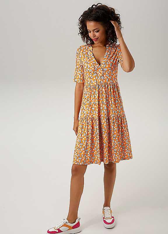 Plus Size Aniston Graphic Print Short Sleeve Dress - Orange Print - Size 18 on Productcaster.