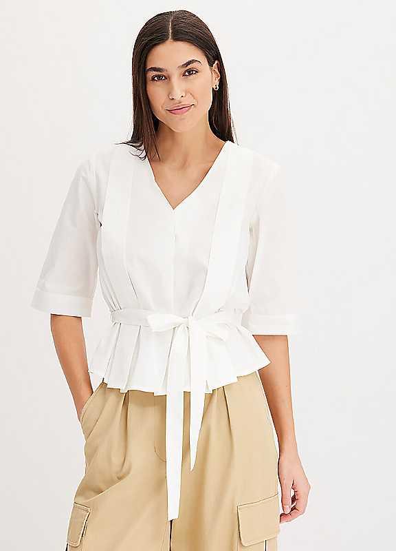 bonprix Belted Cotton V-Neck Blouse - White - Size 12 on Productcaster.