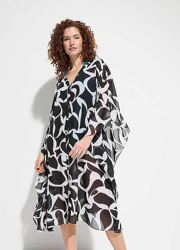 Plus Size bonprix Chiffon Kaftan Dress - Black/White - Size 10/12 on Productcaster.