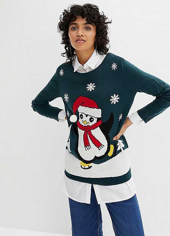 bonprix Christmas Motif Jumper - Green - Size 10/12 on Productcaster.