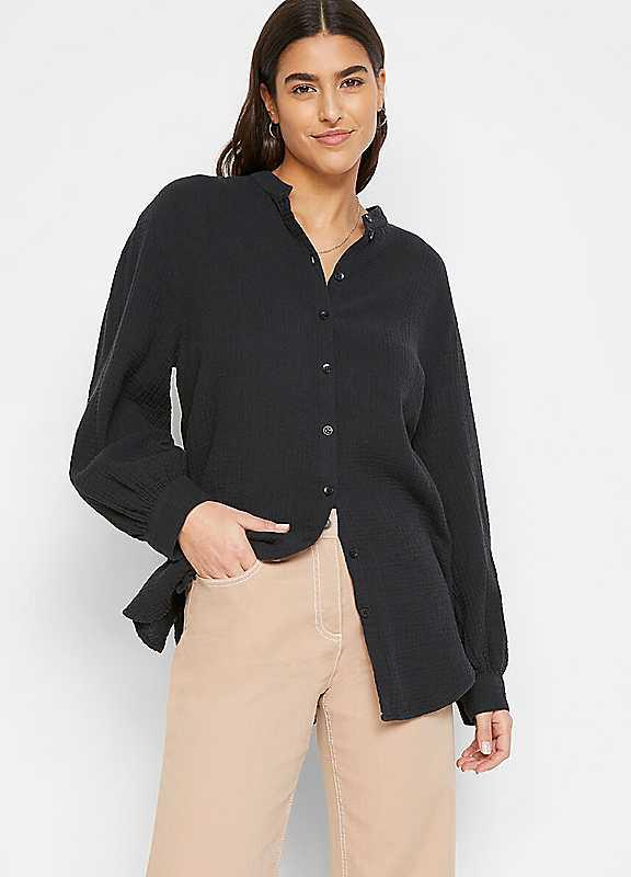 bonprix Cotton Muslin Long Shirt - Black - Size 26 on Productcaster.