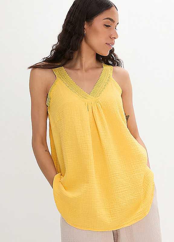 Plus Size bonprix Cotton Muslin Top - Yellow - Size 12 on Productcaster.