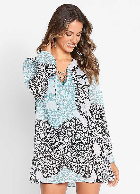 Plus Size bonprix Damask Beach Kaftan - Blue - Size 18 on Productcaster.