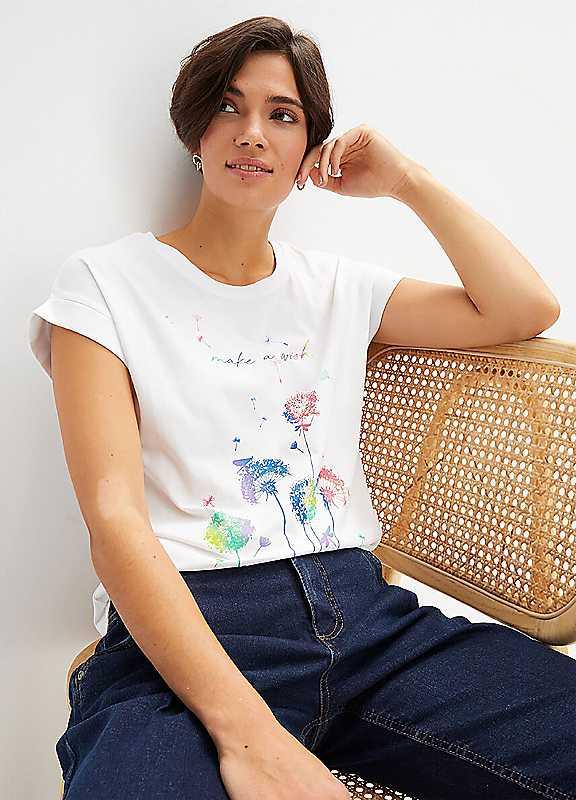 Plus Size bonprix Dandelion Print T-Shirt - White - Size 6/8 on Productcaster.