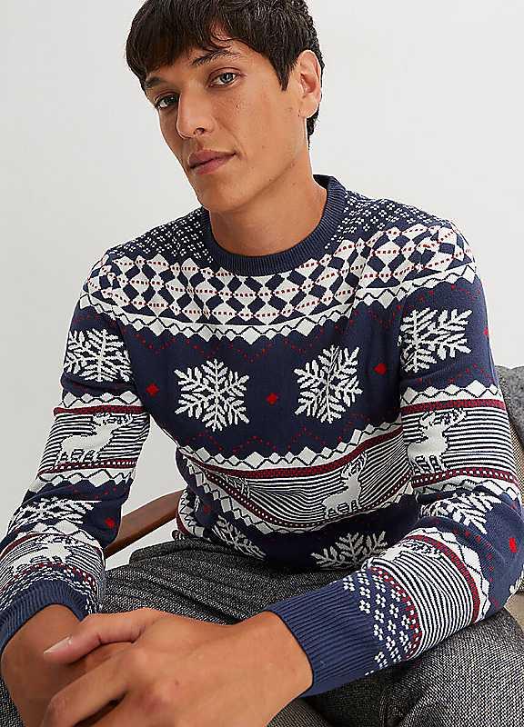 bonprix Fairisle Crew Neck Jumper - Dark Blue - Size 42/44 on Productcaster.