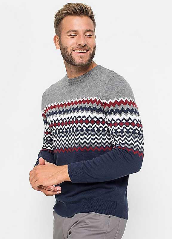 bonprix Fairisle Crew Neck Jumper - Grey/Blue - Size 34/36 on Productcaster.