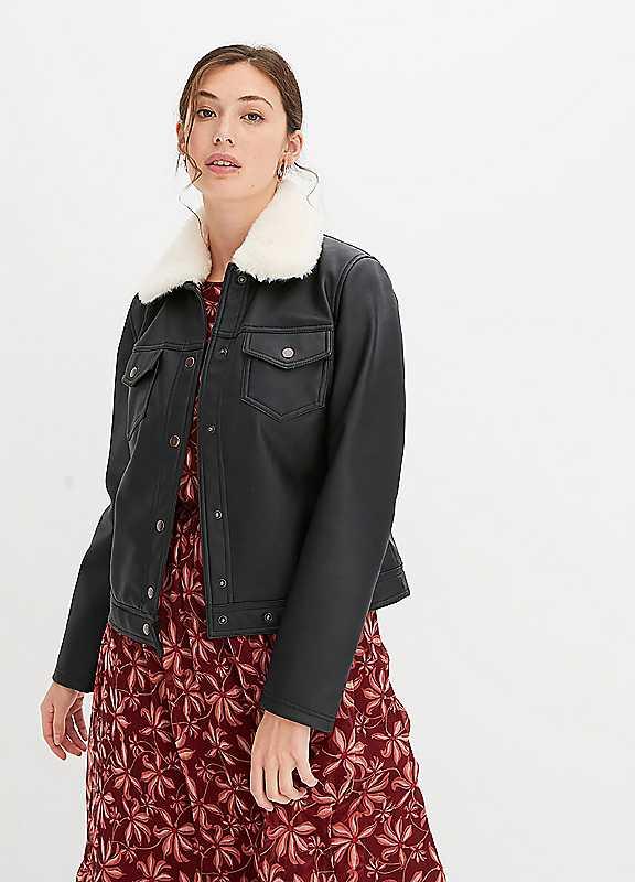 bonprix Faux Fur Leather Jacket - Black - Size 14 on Productcaster.