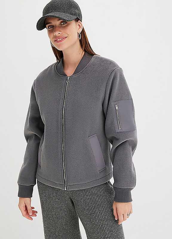 bonprix Faux Wool Bomber Jacket - Charcoal - Size 18 on Productcaster.