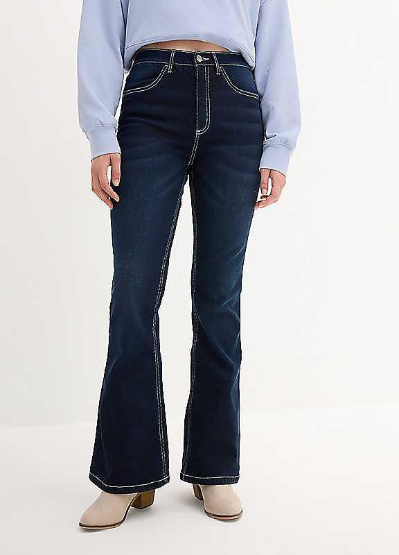 bonprix Flared Leg Stretch Jeans - Dark Denim - Size 8/Short on Productcaster.