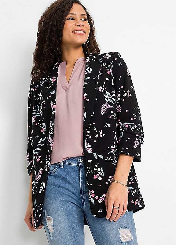 Plus Size bonprix Floral Edge to Edge Blazer - Black - Size 28 on Productcaster.