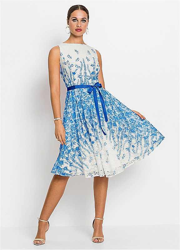 bonprix Floral Lace Skater Dress - White/Blue - Size 16 on Productcaster.