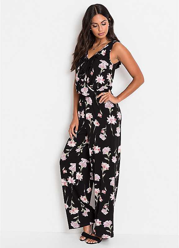 Plus Size bonprix Floral Print Jersey Jumpsuit - Black Floral - Size 10/12 on Productcaster.