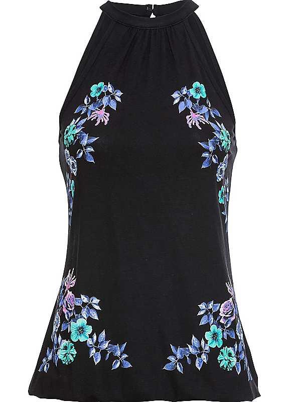 Plus Size bonprix Floral Spray Sleeveless Top - Black - Size 14/16 on Productcaster.