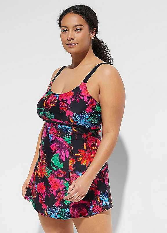 Plus Size bonprix Floral Swim Dress - Black - Size 30 on Productcaster.